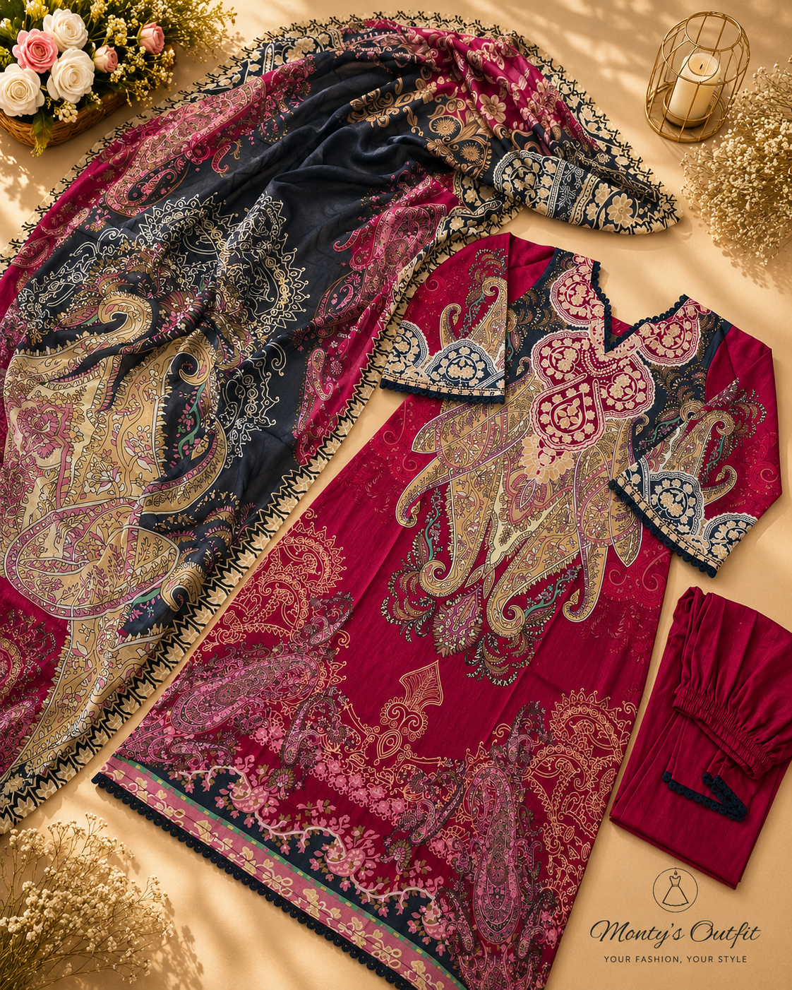 Premium Swiss Lawn- MO-AC-709 | Magenta Bloom